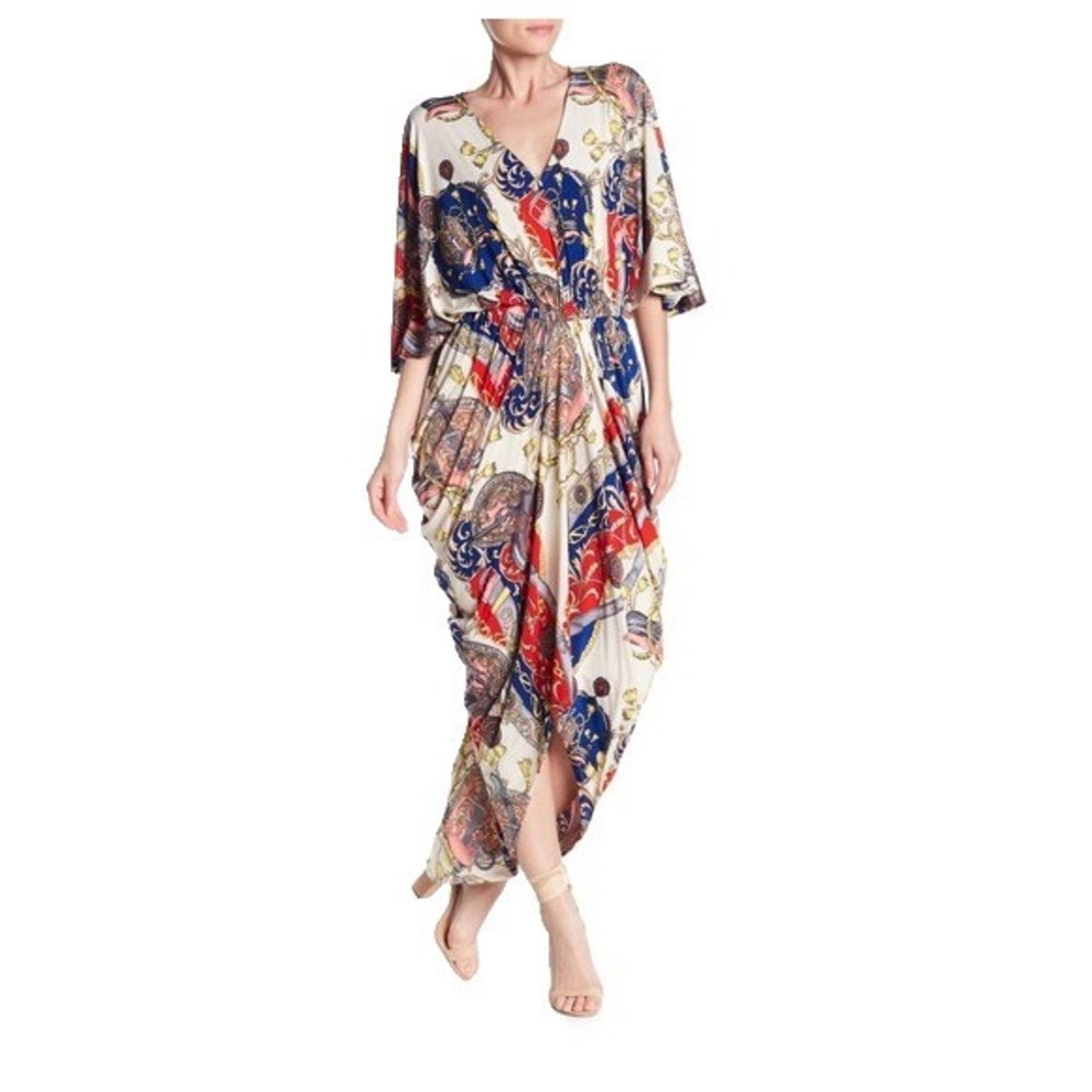 TOV Los Angeles Scarf Print Dress V-Neck Draped Tulip Hem Small Baroque Grecian